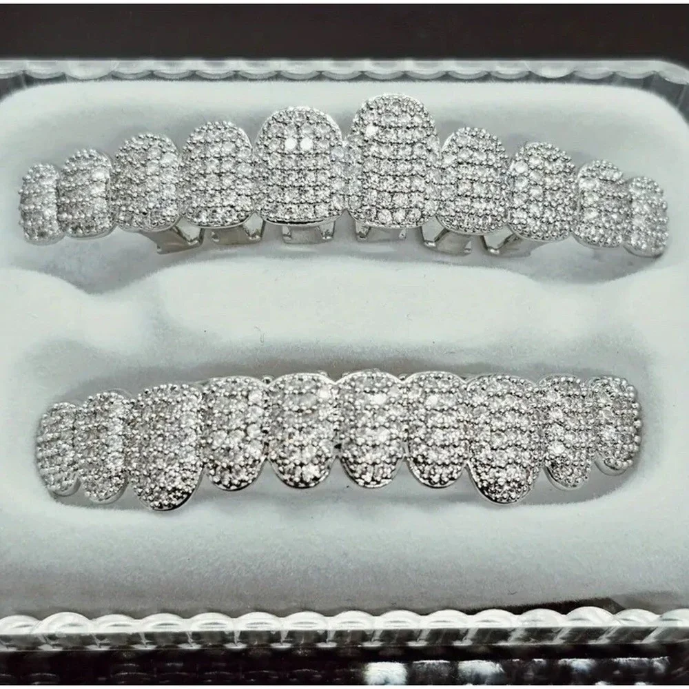 SOLID bling Silver Simulated Diamonds Custom GRILLZ Teeth Top Bottom Set HipHop